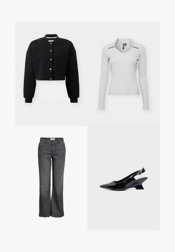 Sort cropped sweatshirt med rund hals, sølvfarvede trykknapper og en forlommek. Lavet af blødt stof med ribbede manchetter.; Lys grå langærmet V-hals bluse med krave, lavet af blødt, struktureret stof, der har en tætsiddende pasform og minimal detaljer.; Bredde ben jeans i mørkegrå denim. Har høj talje, traditionelt fem-lomme design og en ren kanten uden udsmykning.; Sort laklæder slingback sko med spids tå og lav vinklet blokhæl på ensartet lys baggrund.