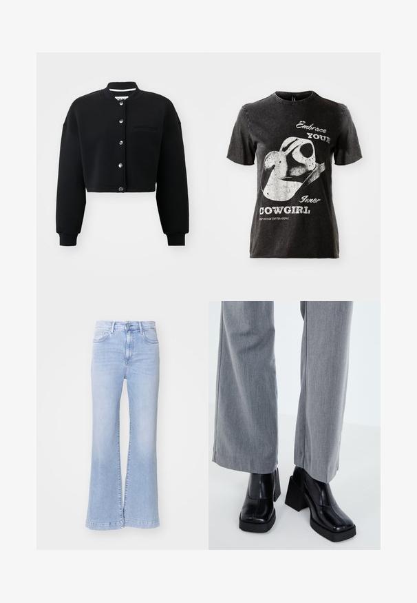 Sort cropped sweatshirt med rund hals, sølvfarvede trykknapper og en forlommek. Lavet af blødt stof med ribbede manchetter.; Sort bomulds T-shirt med korte ærmer, der har et grafisk motiv af en cowboyhat og tekst i hvid. Uferdig kant ved halsudskæringen og slidt tekstur.; Lysblå flagrende jeans med høj talje, denimtekstur, forlommer og knaplukning. Ren afslutning ved kanten.; Sort hæl støvle med firkantet tå, glat læderfinish og en kraftig platform. Parret med lysegrå, bredbenede bukser.