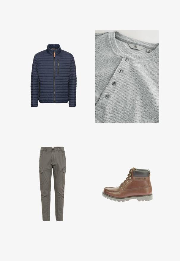 Marineblauw gewatteerde pufferjack met opstaande kraag, voorzakken met rits en een ritssluiting. Gelaagd oppervlak met horizontale stiksel-details.; Grijze gebreide shirt met lange mouwen en een ronde halslijn, vijf knopen sluiting, ribbelstructuur en een slim fit ontwerp. Label geeft maat M aan.; Grijze cargo broek met meerdere zakken, taps toelopend ontwerp, stevige stof textuur en contrasterende stiksels.; Caterpillar Veterboots - marron