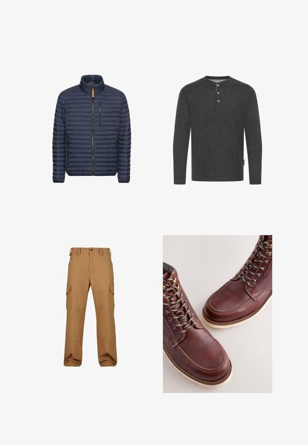 Marineblauw gewatteerde pufferjack met opstaande kraag, voorzakken met rits en een ritssluiting. Gelaagd oppervlak met horizontale stiksel-details.; Donkergrijze lange mouwen shirt van zachte stof, met een henley-halslijn en drie houten knopen, plus een zijlabel.; Bruine cargobroek gemaakt van duurzaam materiaal, met meerdere zakken, een relaxte pasvorm en versterkte stikseldetails.; Bruine leren laarzen met een gladde afwerking, voorzien van metalen veteroogjes, grijze veters en een rubberen zool in crèmekleur. Stiksel detail langs de randen.
