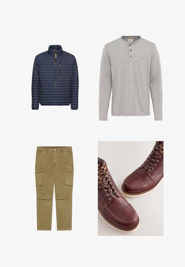 Marineblauw gewatteerde pufferjack met opstaande kraag, voorzakken met rits en een ritssluiting. Gelaagd oppervlak met horizontale stiksel-details.; Grijze langemouwen shirt met een henley-kraag, drie knopen en een subtiele structuur. Bevat een klein logo vlakbij de kraag en een label.; Khaki cargobroek met knopen- en ritssluiting, voorzien van zijflappzakken en schuin geplaatste voorzakken.; Bruine leren laarzen met een gladde afwerking, voorzien van metalen veteroogjes, grijze veters en een rubberen zool in crèmekleur. Stiksel detail langs de randen.