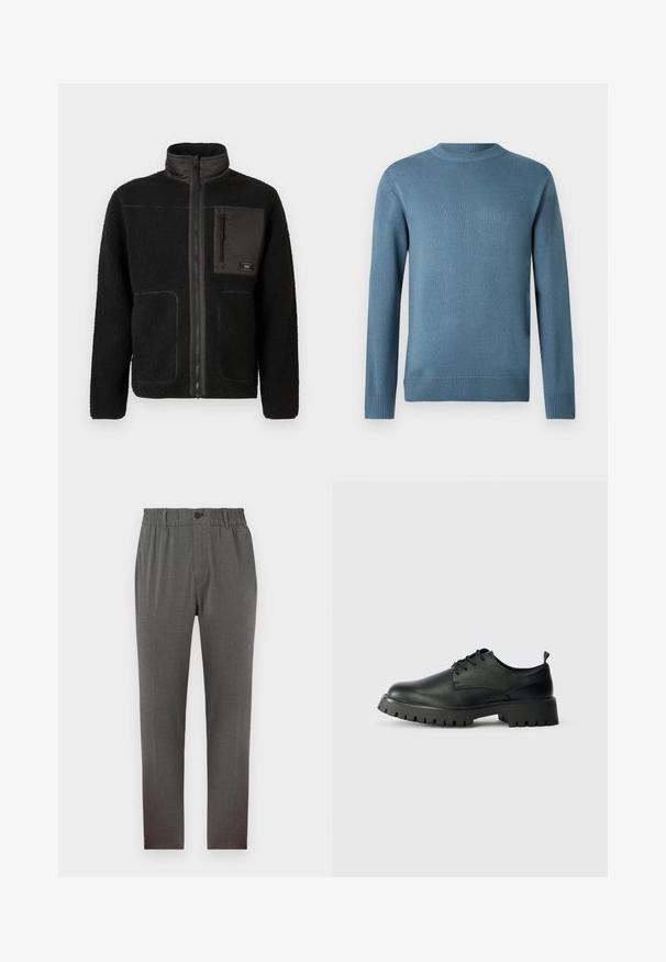 Sort fleecejakke med fuld frontlynlås, høj krave, to nederste lommer og en lynlåslomme på brystet med et lille mærke.; Blå crew neck langærmet striktrøje med ribbede manchetter, krave og kant, præsenteret mod en simpel hvid baggrund.; Grå bukser med en skræddersyet design, der har elastisk talje, knaplukning og lige ben; lavet af blødt, struktureret stof.; Sorte læder snøresko med rund tå, tekstureret overflade og kraftig gummisål med dybe riller for bedre greb.