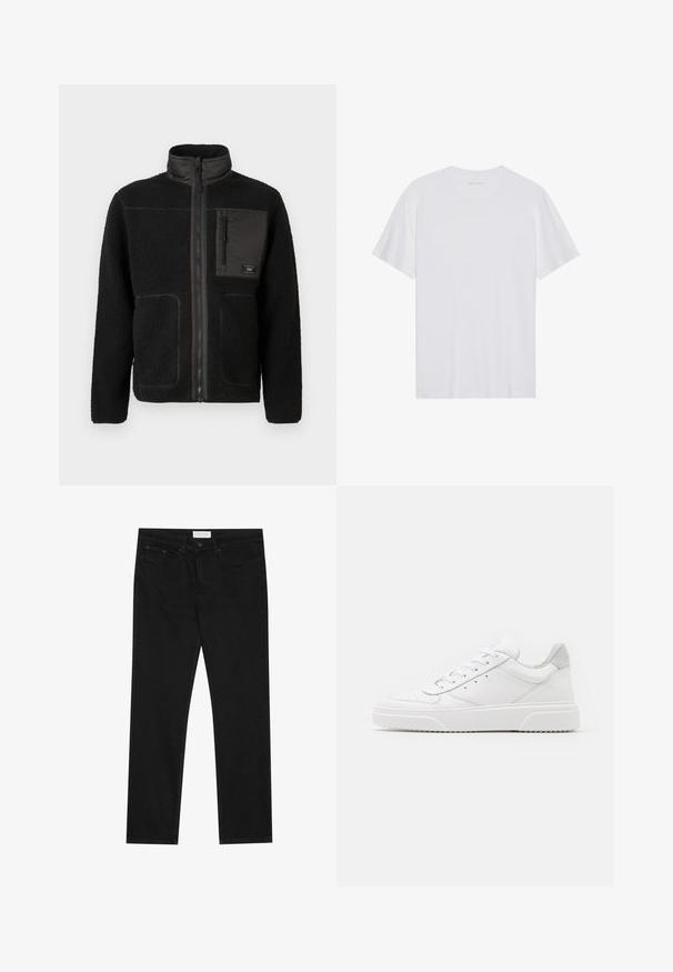 Zwarte fleec jas met een volle rits aan de voorkant, hoge kraag, twee lagere zakken en een ritszak op de borst met een klein label.; Witte katoenen T-shirt met korte mouwen, een ronde hals en een gladde textuur. Heeft minimale branding op de halslijn.; Zwarte straight-leg jeans met een vijf-pocket ontwerp, knoop- en ritssluiting, en een Pier One merklabel op de tailleband.; Witte leren sneakers met een gladde afwerking, ronde neus, platte veters en een gestructureerde zool. Grijze suède accent bij de hiel.