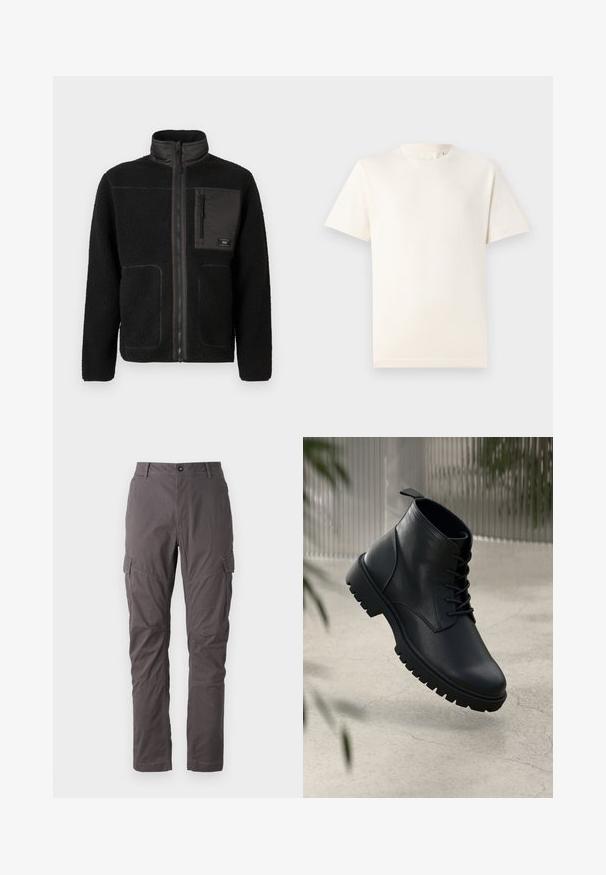 Čierna fleecová bunda s plným predným zipsom, vysokým golierom, dvoma dolnými vreckami a zipsovým vreckom na hrudi s malou nálepkou.; TOM TAILOR BASIC CREW NECK - Základné tričko - smooth light sand; Sivé cargo nohavice so štíhlym strihom, ktoré majú množstvo bočných vreciek a zosilnené švy pozdĺž nohavíc. Vyrobené z odolného materiálu.; Čierne kožené členkové topánky s okrúhlou špicou, šnurovací dizajn a robustná gumová podrážka. Hladký povrch s pútkom na zadnej strane.