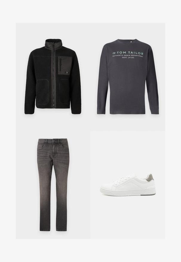 Sort fleecejakke med fuld frontlynlås, høj krave, to nederste lommer og en lynlåslomme på brystet med et lille mærke.; TOM TAILOR PRINTED - Langærmet T-shirt - tarmac grey; TOM TAILOR JOSH - Jeans Straight Leg - used dark stone black denim; Hvid sneaker lavet af glat læder, rund tå, minimalistisk design, grå hælafsats og tekstureret gummisål.