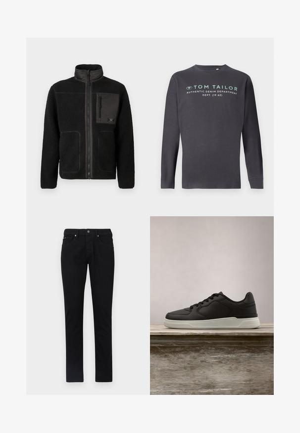 Musta fliisjakke täis esikiiuga, kõrge krae, kaks alumist taskut ja lukuga rindetakso koos väikese sildiga.; TOM TAILOR PRINTED - Pikkade varrukatega topp - tarmac grey; Mustad denim püksid, sirge sääre kujundusega, viie tasku stiiliga, ees nupuga kinnitatud ja sujuva, ühtlase tekstuuriga.; Must musta valge tald, rippumas puidust pingilt, rohelised lehestikud uduses taustas.