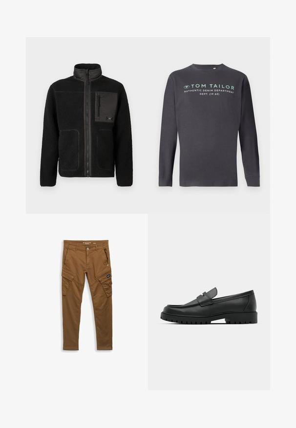 Zwarte fleec jas met een volle rits aan de voorkant, hoge kraag, twee lagere zakken en een ritszak op de borst met een klein label.; TOM TAILOR PRINTED - Longsleeve - tarmac grey; Bruine rechte cargo pants met een voorste knoop, ri loops, zij- en achterzakken en klepafsluitingen op de dijzakken.; Zwarte leren instappers met een ronde neus, voorzien van een gestikt ontwerp, een lage platformzool en een gestructureerde, grof rubberen buitenzool.