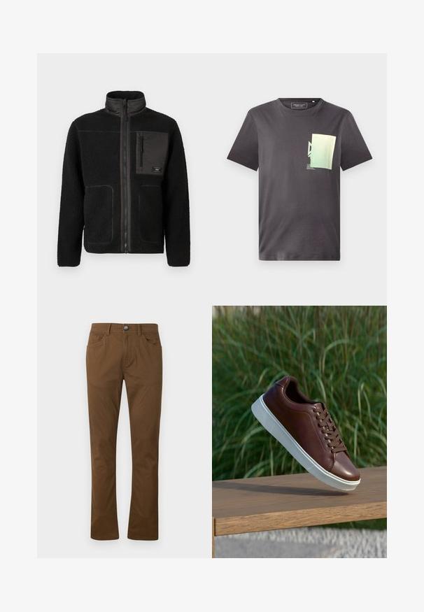 Zwarte fleec jas met een volle rits aan de voorkant, hoge kraag, twee lagere zakken en een ritszak op de borst met een klein label.; Grijs katoenen T-shirt met een ronde hals, voorzien van een minimalistische groene en blauwe grafische print op de linkerkant van de borst. Korte mouwen.; Bruine rechte broek met sluiting aan de voorkant met een knoop en rits, voor- en achterzakken, en riemlussen.; Bruine leren sneaker met witte rubberen zool, vetersluiting, gladde textuur, ronde neus en subtiele stikdetails.