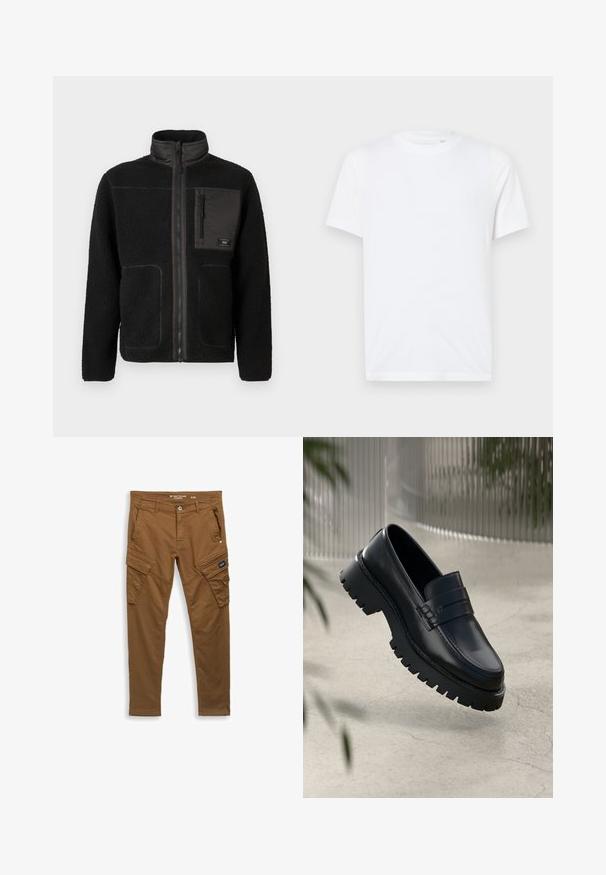 Chaqueta de forro polar negra con cierre frontal completo, cuello alto, dos bolsillos inferiores y un bolsillo en el pecho con cremallera que tiene una pequeña etiqueta.; Camiseta de algodón blanca con cuello redondo y mangas cortas. Presenta un pequeño logo en relieve en el lado izquierdo del pecho. Textura suave.; Pantalones cargo rectos color marrón con botón frontal, trabillas para cinturón, bolsillos laterales y traseros, y cierres con solapa en los bolsillos de los muslos.; Mocasines de cuero negro con suela gruesa, que presentan una correa decorativa y detalles de costura. Textura suave con un acabado pulido.