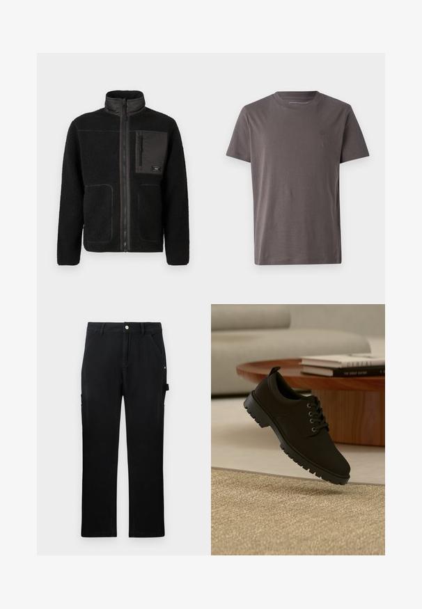 Chaqueta de forro polar negra con cierre frontal completo, cuello alto, dos bolsillos inferiores y un bolsillo en el pecho con cremallera que tiene una pequeña etiqueta.; Camiseta de manga corta con cuello redondo en gris oscuro, hecha de algodón suave, con un logo sutil en el pecho y un corte regular.; Pantalones de trabajo rectos negros con bolsillos frontales, cinturas, cierre de botón y lazo lateral para herramientas sobre un fondo liso.; Zapato negro de cuero con cordones y suela gruesa flotando sobre una alfombra beige en un salón minimalista.