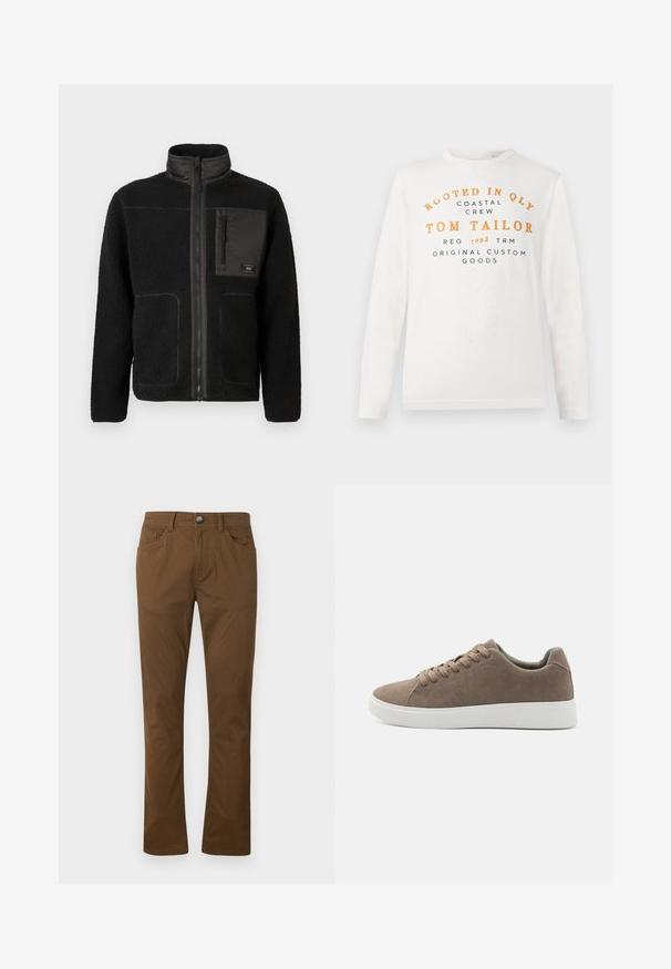 Zwarte fleec jas met een volle rits aan de voorkant, hoge kraag, twee lagere zakken en een ritszak op de borst met een klein label.; Witte langslavende shirt met oranje en zwarte tekst waarop staat "Rooted in QLY Coastal Crew Tom Tailor Reg 1962 TRM Original Custom Goods" aan de voorkant.; Bruine rechte broek met sluiting aan de voorkant met een knoop en rits, voor- en achterzakken, en riemlussen.; Bruine suède sneakers met platte witte rubberen zolen, vetersluiting, ronde neus en een gladde textuur. Minimalistische stijl met subtiele stikdetails.