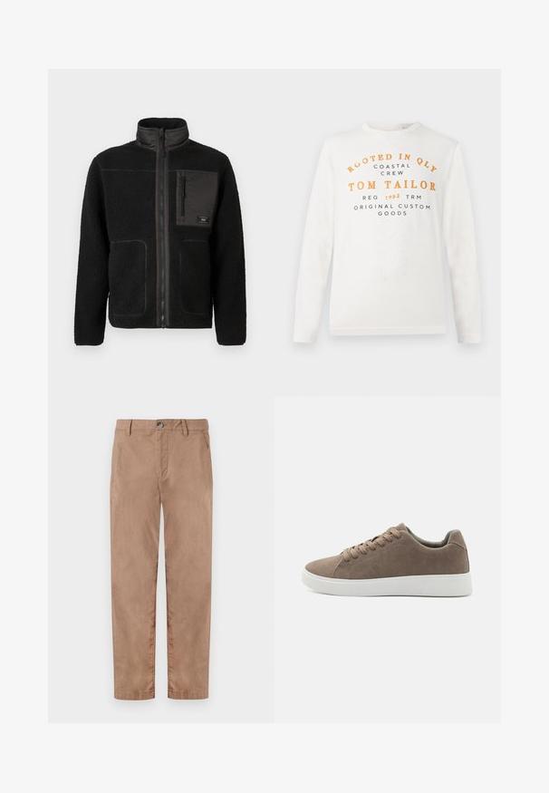 Chaqueta de forro polar negra con cierre frontal completo, cuello alto, dos bolsillos inferiores y un bolsillo en el pecho con cremallera que tiene una pequeña etiqueta.; Camisa blanca de manga larga con texto en naranja y negro que dice "Rooted in QLY Coastal Crew Tom Tailor Reg 1962 TRM Original Custom Goods" en la parte frontal.; TOM TAILOR REGULAR WASHED - Pantalones chinos - caribou beige; Zapatillas de ante marrón con suelas de goma blanca planas, diseño de cordones, punta redondeada y una textura suave. Estilo minimalista con sutiles detalles de costura.
