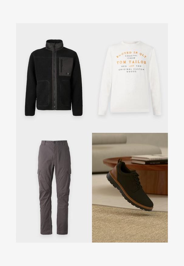 Zwarte fleec jas met een volle rits aan de voorkant, hoge kraag, twee lagere zakken en een ritszak op de borst met een klein label.; Witte langslavende shirt met oranje en zwarte tekst waarop staat "Rooted in QLY Coastal Crew Tom Tailor Reg 1962 TRM Original Custom Goods" aan de voorkant.; Grijze cargo broek met een rechte snit, uitgerust met meerdere zijzakken en versterkte stiksels langs de benen. Gemaakt van duurzame stof.; Zwarte en bruine casual sneaker met gestructureerde zool, zwevend boven een beige tapijt in een woonkamer met een houten salontafel en gestapelde boeken.