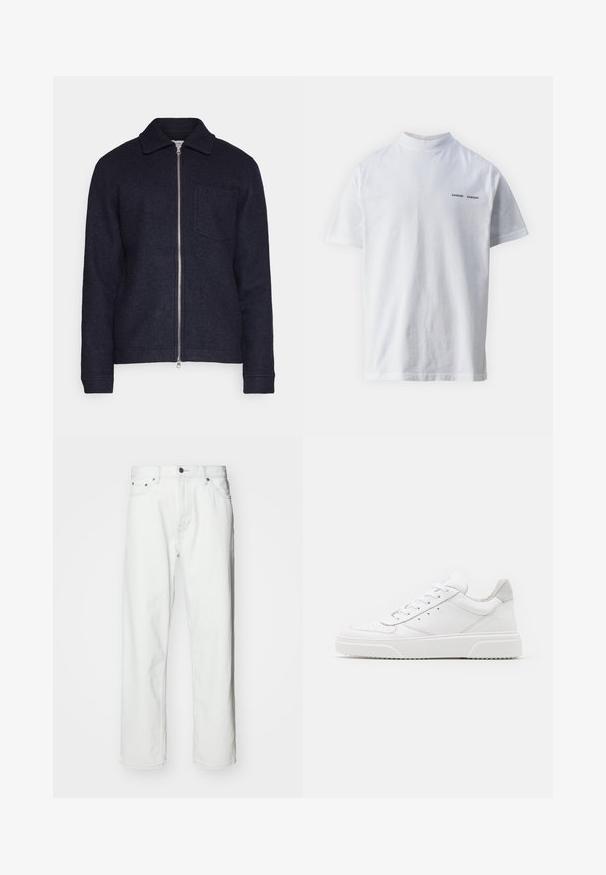 Veste bleu marine foncé en tissu texturé, avec une fermeture éclair à l'avant, un col et une poche sur la poitrine gauche. Manches longues avec poignets.; T-shirt en coton blanc avec un col haut et des manches courtes. Présente le logo "SAMSØE SAMSØE" en noir sur le devant. Texture lisse.; Jean en denim blanc avec une coupe droite, design à cinq poches, fermeture à bouton et détails de coutures subtils. Texture lisse et style minimaliste.; Des baskets en cuir blanc avec une finition lisse, un bout rond, des lacets plats et une semelle texturée. Accents en daim gris au niveau du talon.