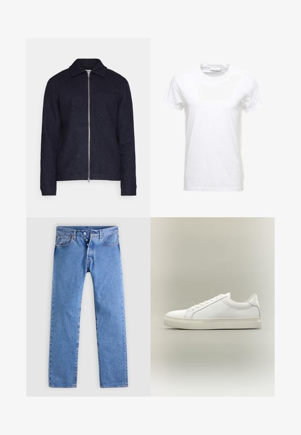 Veste bleu marine foncé en tissu texturé, avec une fermeture éclair à l'avant, un col et une poche sur la poitrine gauche. Manches longues avec poignets.; T-shirt en coton blanc à manches courtes, design col rond et texture lisse. Étiquette visible au niveau du col. Style simple et classique.; Jean en denim bleu clair avec une coupe droite, cinq poches et une braguette à deux boutons. Présente un léger délavage et des coutures contrastées.; Baskets blanches basses à lacets sur l’avant et semelle épaisse, vues de côté sur un fond neutre.