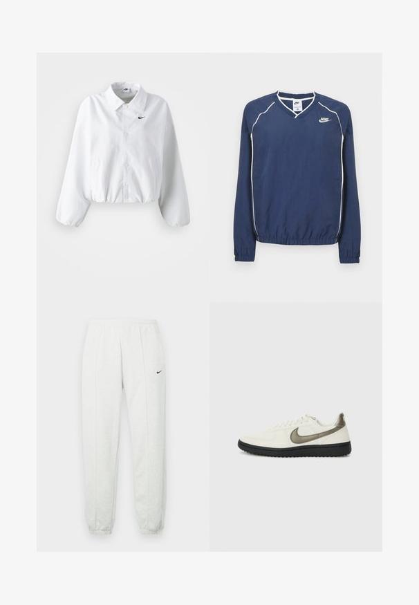Hvid cropped jakke med krave, elastisk talje og lange puffærmer. Har et sort Nike-logo på venstre bryst. Glat stoftekstur.; Mørkeblå Nike pullover med lange ærmer og V-hals, hvide striber langs sømmene samt elastiske manchetter og kant. Indeholder et logo på venstre side af brystet.; Lysegrå Nike joggingbukser med elastisk taljebånd, tilspidsede manchetter og et lille sort logo på venstre lår. Blødt, tekstureret stof.; Nike Sportswear FIELD GENERAL - Sneakers - off-white/black