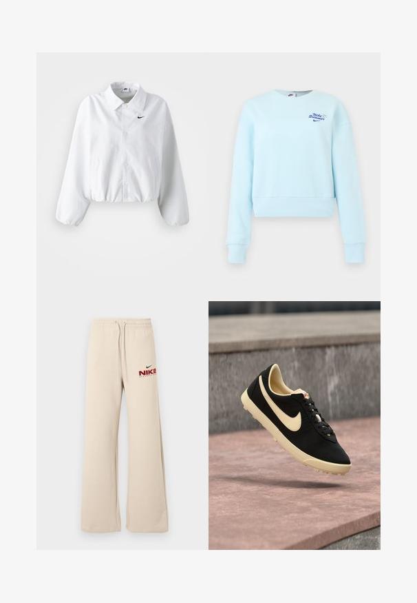 Valge lühendatud jakk, millel on krae, elastne vöökoht ja pikad puhvvarrukad. Vasakul rinnal on must Nike'i logo. Siledat kangast tekstuur.; Hele sinine pikkade varrukatega lühendatud dressipluus soonikkoes varrukaotste ja äärega, mille rinnal on väike "Nike Summer" tekst ja logo.; Lõdvad beežid dressipüksid elastse vöökoha ja paeltega, vasakul reiel punase ja musta Nike Athletic Clubi logoga.; Mustad ja beežid Nike tossud paeladega, hõljuvad roosaka kivipinna kohal ja halli betooni taustal.