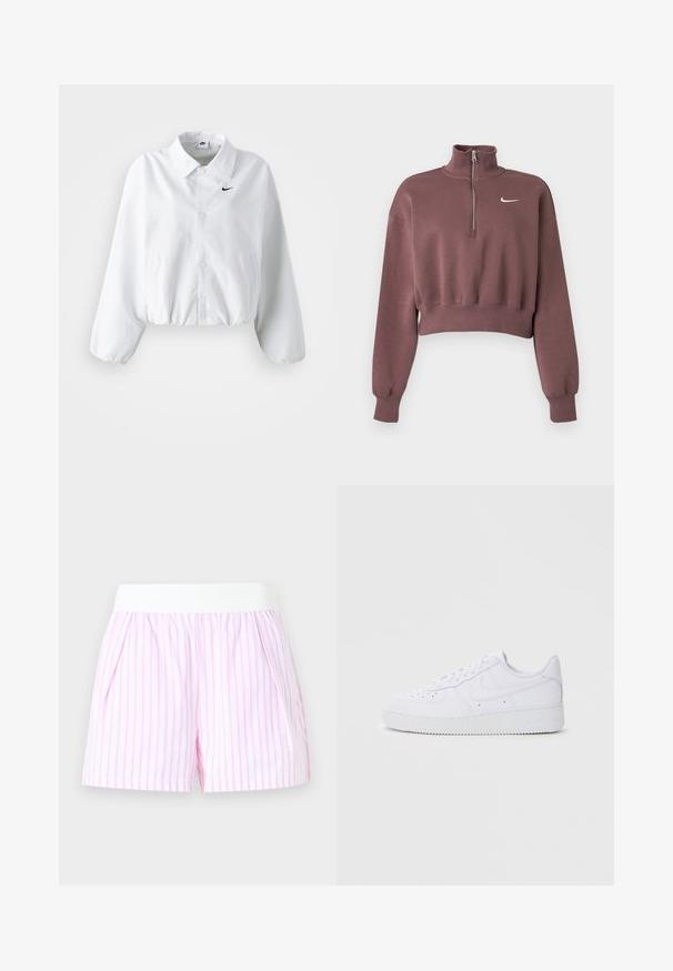 Hvid cropped jakke med krave, elastisk talje og lange puffærmer. Har et sort Nike-logo på venstre bryst. Glat stoftekstur.; Mauve cropped sweatshirt med lange ærmer, ribstrikkede manchetter, kvart lynlåskrave og hvid Nike swoosh-logo på brystet.; Hvid og pink stribet shorts med bred hvid elastisk talje og sidelommer mod en ensfarvet baggrund.; Hvide Nike Air Force 1 sneakers med læderoverdel, rund tå, snørelukning, polstret krave og struktureret gummisål.