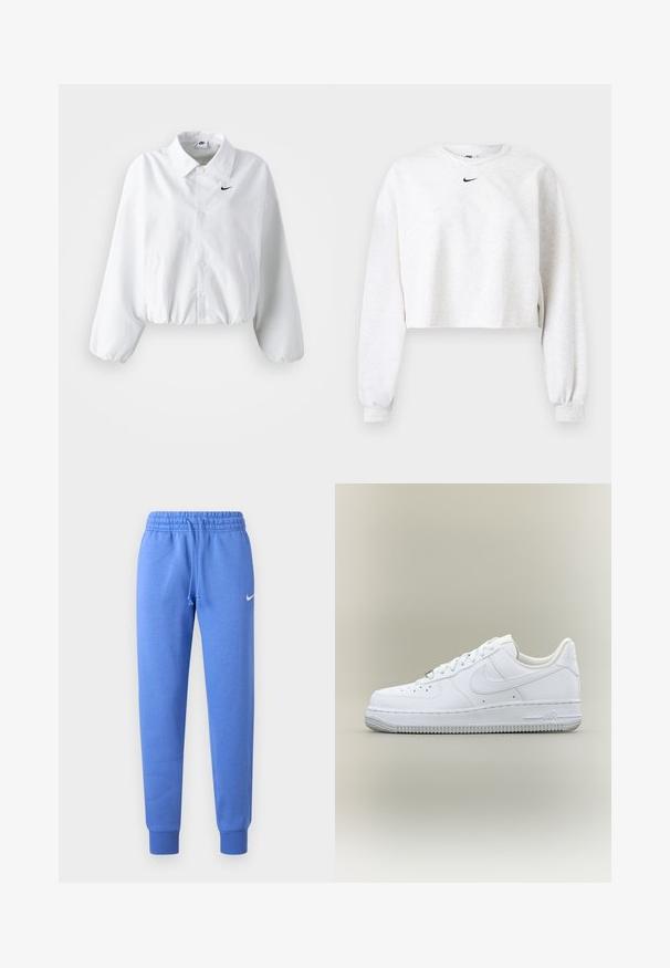 Veste blanche raccourcie avec un col, une taille élastique et de longues manches bouffantes. Présente un logo Nike noir sur la poitrine gauche. Texture de tissu lisse.; Sweat-shirt raccourci de couleur gris clair, en tissu doux. Caractérisé par un col rond, des manches longues avec des poignets élastiques, et un logo Nike noir au-dessus de la poitrine.; Pantalon de survêtement bleu en tissu doux, avec une taille élastique à cordon, des poignets côtelés et un petit logo blanc sur le côté.; Baskets blanches basses Nike Air Force 1 avec lacets, bout perforé et semelle en caoutchouc texturée sur fond neutre.