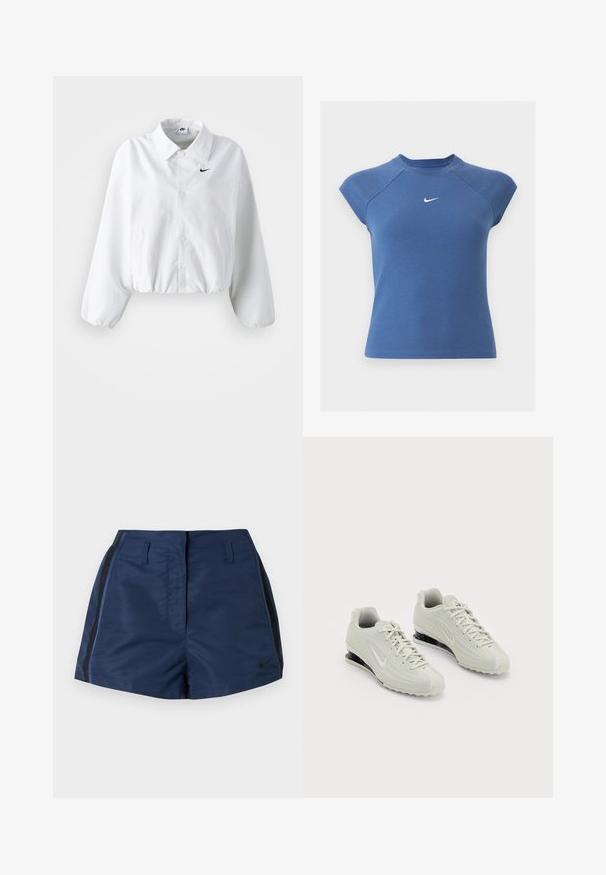 Hvid cropped jakke med krave, elastisk talje og lange puffærmer. Har et sort Nike-logo på venstre bryst. Glat stoftekstur.; Blå kortærmet ribstrikket top med rund halsudskæring og hvid Nike swoosh-logo centreret på brystet.; Marineblå atletikshorts med sorte sidelister, forreste bæltestropper og et lille sort Nike Swoosh-logo på venstre ben.; Hvide Nike sneakers med en tekstureret overdel, der har en glat tæer og sorte polstringselementer. Snørebåndsstil med forstærket hæl.