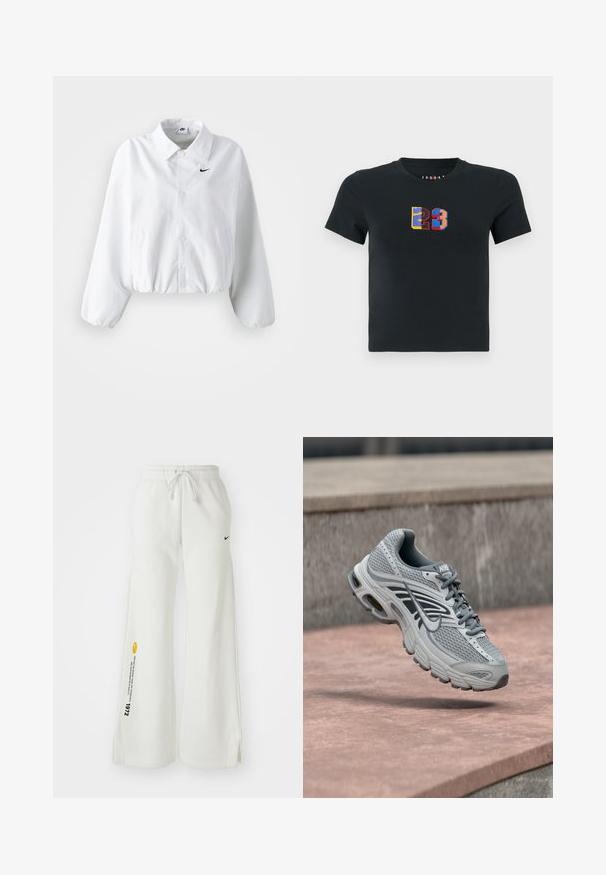 Chaqueta corta blanca con cuello, cinturilla elástica y mangas largas abullonadas. Presenta un logo negro de Nike en el lado izquierdo del pecho. Tejido de textura suave.; Camiseta negra corta con mangas cortas que presenta un número "23" bordado en colores azul, rojo, amarillo y negro en el centro del pecho.; Pantalones de chándal blancos y de pierna ancha con cintura elástica, cordón, aberturas laterales, logo negro de Nike y texto gráfico en amarillo contrastante.; Zapatilla de correr Nike en gris claro y blanco con diseño de malla, flotando sobre una superficie de piedra al aire libre.