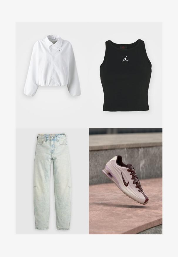 Hvid cropped jakke med krave, elastisk talje og lange puffærmer. Har et sort Nike-logo på venstre bryst. Glat stoftekstur.; Sort tætsiddende tanktop lavet af bomuld, med rund udskæring og et hvidt Jordan-logo syet på fronten i midten. Glat tekstur.; Lyseblå slidte denimjeans med en afslappet pasform, der har fem lommer, en knaplukning og falmet, let tekstureret stof hele vejen gennem.; Lyse beige og brune Nike-sneakers med synlig luftsål, svævende over en stensurface i et udendørs urbant miljø.