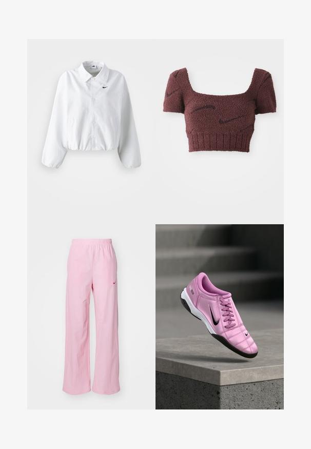 Valge lühendatud jakk, millel on krae, elastne vöökoht ja pikad puhvvarrukad. Vasakul rinnal on must Nike'i logo. Siledat kangast tekstuur.; Lilla lühike topp tekstuuriga kangast, ruudukujulise kaelusega, lühikeste varrukatega ja ribakujulise alumise äärega, millel on kogu pinnal õrnad tumedad mustrid.; Roosa elastse taljega püksid rahuliku istuvusega. Vasakul küljel on punane logo ja sile, kerge tekstuur.; Roosa Nike jalgpallijalats musta Swoosh-logoga, valge ja musta tallaga, kuvatud betoonäärise kohal, taustal uduse trepiga.