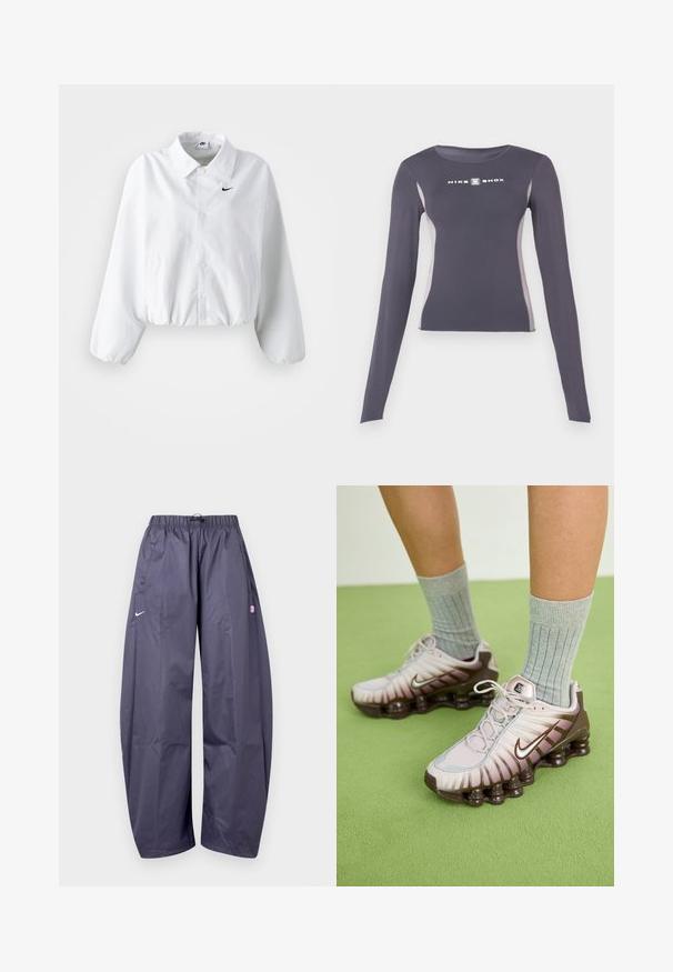 Chaqueta corta blanca con cuello, cinturilla elástica y mangas largas abullonadas. Presenta un logo negro de Nike en el lado izquierdo del pecho. Tejido de textura suave.; Camiseta deportiva ajustada de manga larga color gris oscuro con paneles laterales gris claro y logo "Nike Shox" en blanco en el pecho.; Pantalones deportivos Nike de color gris oscuro, de corte holgado, con cintura elástica, bolsillos laterales y un pequeño logo rosa en el muslo derecho.; Zapatillas Nike en rosa claro y marrón, con un upper texturizado, diseño en capas y suela con amortiguación que incluye unidades de aire visibles.