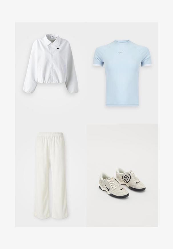 Veste blanche raccourcie avec un col, une taille élastique et de longues manches bouffantes. Présente un logo Nike noir sur la poitrine gauche. Texture de tissu lisse.; Haut de sport à manches courtes bleu clair en tissu lisse. Présente un col rond et un logo Nike discret sur la poitrine, avec des accents blancs.; Pantalon de couleur crème avec une coupe large, fabriqué en matériau léger, arborant des rayures verticales et une taille élastique.; Baskets Nike avec une tige texturée beige et grise, des accents noirs, un grand logo "90" et un laçage blanc. Semelle noire.