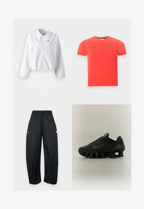 Valkoinen lyhyt takki, jossa on kaulus, joustava vyötärö ja pitkät puffi hihat. Vasemmassa rinnassa on musta Nike-logo. Tasainen kangas rakenne.; Punainen puuvillainen T-paita, jossa on lyhyet hihat, musta Nike-logo ja pieni merkitty merkki rinnassa. Yksinkertainen pyöreä pääntie.; Mustat, väljät verkkarit kevyestä materiaalista. Varustettu joustavalla vyötärönauhalla, säädettävällä nyörillä ja logokoristeilla.; Musta Nike-tennari, jossa on vetoketjulla varustettu päällinen ja erottuva joustinmäinen segmentoitunut pohja, esitetty sivuprofiilissa neutraalilla taustalla.