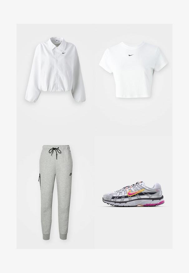 Biele skrátené sako s golierom, elastickým pásom a dlhými pufovanými rukávmi. Na ľavej hrudi sa nachádza čierne logo Nike. Hladká textúra látky.; Biely skrátený tričko vyrobené z bavlny, s krátkymi rukávmi a okrúhlym výstrihom, s čiernym logom Nike na hrudi.; Šedé tepláky vyrobené z mäkkého materiálu s pásom na šnúrku, zúženými nohavicami a zipsovou vreckom na ľavej strane. Obsahujú čierne logo.; Šedé bežecké topánky z materiálu mesh s charakteristickým ružovým a žltým piktogramom, čiernymi akcentmi a textúrovanou gumovou podrážkou. Obsahujú zosilnenú špičku a polstrovaný golier.