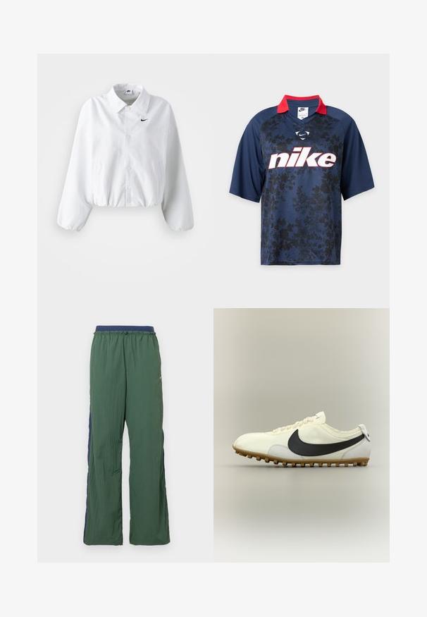 Biele skrátené sako s golierom, elastickým pásom a dlhými pufovanými rukávmi. Na ľavej hrudi sa nachádza čierne logo Nike. Hladká textúra látky.; Tmavomodré Nike tričko s krátkym rukávom, čiernym kvetinovým vzorom, červeným golierom a veľkým bielym logom Nike na hrudi.; Zelené športové nohavice s širokými nohavicami, s tmavomodrým pásom a bočným panelom, vyrobené z ľahkej, textúrovanej látky.; Biela nízka športová obuv s čiernym logom Nike, gumovou podrážkou a bielymi šnúrkami, zobrazená na neutrálnej pozadí v bočnom pohľade.