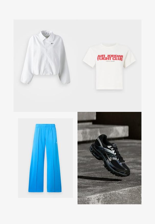 Hvid cropped jakke med krave, elastisk talje og lange puffærmer. Har et sort Nike-logo på venstre bryst. Glat stoftekstur.; Hvid bomulds t-shirt med fed rød tekst: "AIR JORDAN FIGHT CLUB" og "OFFICIAL MEMBER". Korte ærmer og klassisk rund halsudskæring.; Lyseblå atletikbukser med vide ben, elastisk linning og lille hvid Nike swoosh-logo på højre lår.; Sort og sølv Nike løbesko svævende over betontrappe, viser detaljeret design og tekstureret sål i udendørs omgivelser.