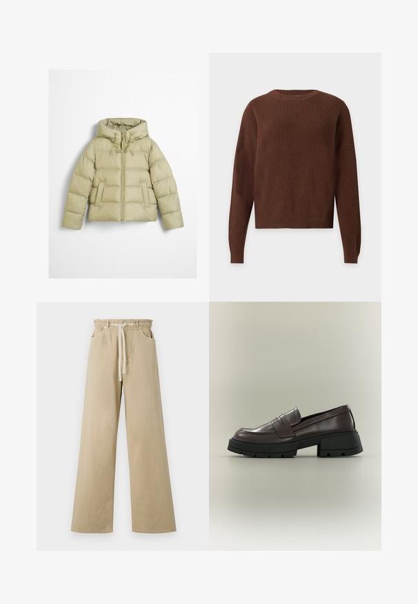 Veste matelassée vert clair avec capuche, fermeture éclair à l'avant, cordons et deux poches avant, présentée sur un fond uni.; Pull en maille marron à manches longues avec encolure ronde, poignets et ourlet côtelés, présenté sur un fond uni clair.; Pantalon large beige en coton avec une taille élastiquée et un cordon de serrage. Il possède deux poches latérales et une texture lisse.; Mocassin en cuir marron foncé avec semelle épaisse noire et talon bloc bas sur fond neutre.