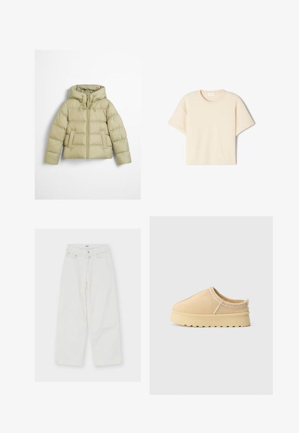 Veste matelassée vert clair avec capuche, fermeture éclair à l'avant, cordons et deux poches avant, présentée sur un fond uni.; T-shirt à manches courtes et col rond de couleur crème, fabriqué en tissu texturé. Présente une coupe décontractée sans motifs ni accents visibles.; Jean blanc taille haute à jambes larges avec fermeture avant par bouton et zip, passants de ceinture et deux poches avant, posé à plat sur fond blanc.; Chaussure slip-on beige avec semelle en caoutchouc épaisse, coutures en zigzag autour du col et languette au talon sur fond blanc uni.