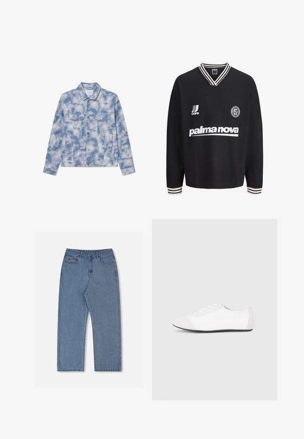 Jeansjacke in Hellblau mit Wolkenmustern, ausgestattet mit einem spitzen Kragen, zwei Brusttaschen und silberfarbigen Beschlägen für Verschluss und Akzente.; Schwarzes Langarm-Sporttrikot mit weiß gestreiftem V-Ausschnitt und Bündchen, weißer "palma nova"-Schriftzug und Logos auf der Brust.; Hellblaue Denim-Jeans mit lockerem Sitz, geraden Beinen, fünf Taschen und Knopfverschluss. Mit dezentem roten Logo auf der Vorderseite der Tasche.; Weißer Sneaker mit gesticktem Design, glatter Textur, abgerundeter Spitze und grauem Fersenakzent. Schnürsenkel sind vorne angebracht.