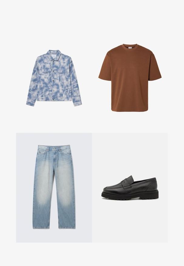 Lysblå cowboyjakke med skymønstre, der har spidse kraver, to brystlommer og hardware i sølvfarve til lukning og detaljer.; Brun T-shirt med korte ærmer og rund hals, med løs pasform og uden synlige logoer eller mønstre på hvid baggrund.; Lyseblå straight-leg denim jeans med falmede forside på lårene, fem-lomme stil, knaplukning og bæltestropper.; Sort læder loafersko med rund tå, syningsdetaljer og en tyk, struktureret sål. Har et elegant, minimalistisk design.