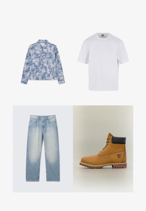 Chaqueta de denim en azul claro con patrones de nubes, que presenta un collar tipo punta, dos bolsillos en el pecho y herrajes en tono plateado para el cierre y los acentos.; Camiseta blanca de manga corta hecha de algodón. Presenta un cuello redondo y un ajuste holgado. Textura suave, diseño minimalista, sin patrones ni adornos.; Vaqueros de mezclilla de pierna recta de color azul claro con muslos delanteros desteñidos, estilo de cinco bolsillos, cierre de botón y trabillas para cinturón.; Bota de tobillo de cuero marrón con cuello negro, cordones amarillos y suela beige. Presenta un logotipo y detalles de costura blanca. Suela exterior con tracción robusta.