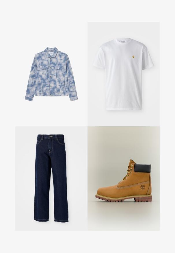 Veste en denim bleu clair avec des motifs nuage, dotée d'un col pointu, de deux poches poitrine et de quincaillerie en ton argent pour la fermeture et les accents.; T-shirt en coton blanc à manches courtes, col rond, avec un petit logo doré sur la poitrine gauche. Texture douce et coupe régulière.; Jean large bleu foncé en denim avec une coupe droite, design à cinq poches et coutures de finition le long de l'ourlet.; Bottine en cuir marron avec col noir, lacets jaunes et semelle beige. Présente un logo et des détails de couture blanche. Semelle extérieure à traction robuste.