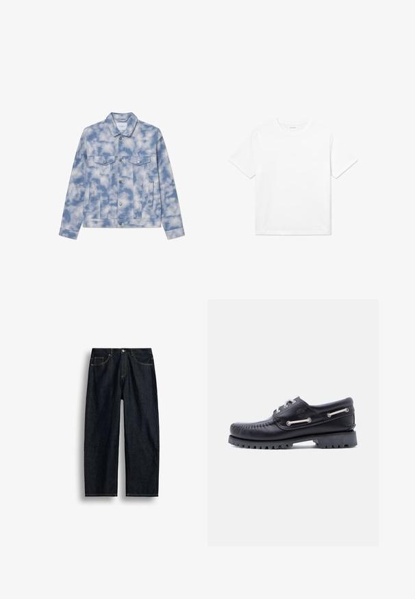 Chaqueta de denim en azul claro con patrones de nubes, que presenta un collar tipo punta, dos bolsillos en el pecho y herrajes en tono plateado para el cierre y los acentos.; Camiseta de algodón blanca con mangas cortas, cuello redondo y dobladillo recto. Textura suave sin patrones ni acentos visibles.; Vaqueros de mezclilla azul oscuro de pierna recta con costuras amarillas, bolsillos delanteros y cierre de botón en la cintura.; Zapato náutico de cuero negro con costuras, suela de goma antideslizante y ojales metálicos con cordones blancos. Logo destacado en el lateral.