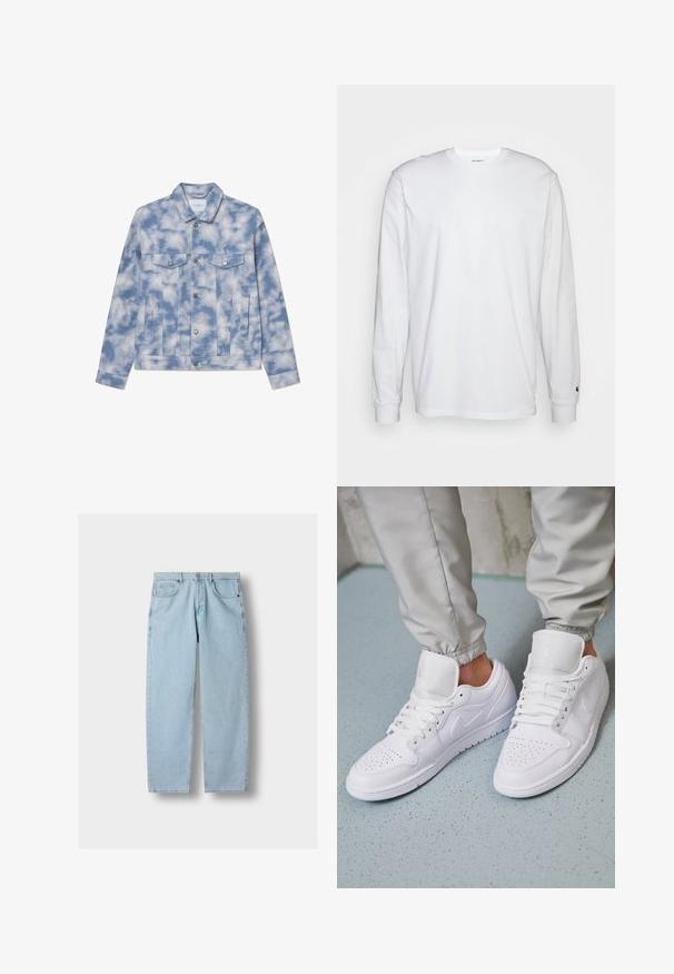 Veste en denim bleu clair avec des motifs nuage, dotée d'un col pointu, de deux poches poitrine et de quincaillerie en ton argent pour la fermeture et les accents.; T-shirt blanc à manches longues en coton. Design à col rond avec des poignets côtelés et un petit logo sur la manche gauche. Texture lisse.; Jean en denim bleu clair à jambe droite avec poches avant, passants de ceinture et fermeture à bouton sur un fond gris.; Des baskets en cuir blanc présentent une zone de perforation à l'avant, des lacets plats, un col rembourré et le logo Jordan sur la languette. Portées avec un pantalon de jogging gris.