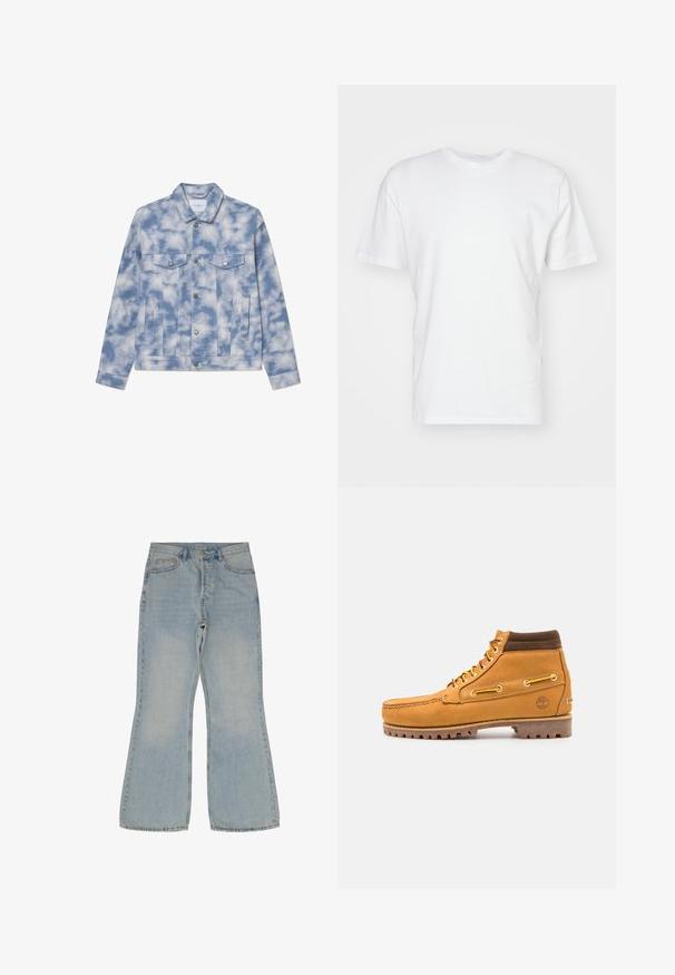 Chaqueta de denim en azul claro con patrones de nubes, que presenta un collar tipo punta, dos bolsillos en el pecho y herrajes en tono plateado para el cierre y los acentos.; Camiseta de algodón blanca con manga corta, escote redondo y una textura suave. Diseño simple sin patrones ni gráficos.; Jeans acampanados de color azul claro, fabricados en denim. Cuentan con cinco bolsillos, un cierre de botón y costuras contrastantes a lo largo de las costuras.; Timberland AUTHENTIC MID LACE BOOT - Botines con cordones - wheat
