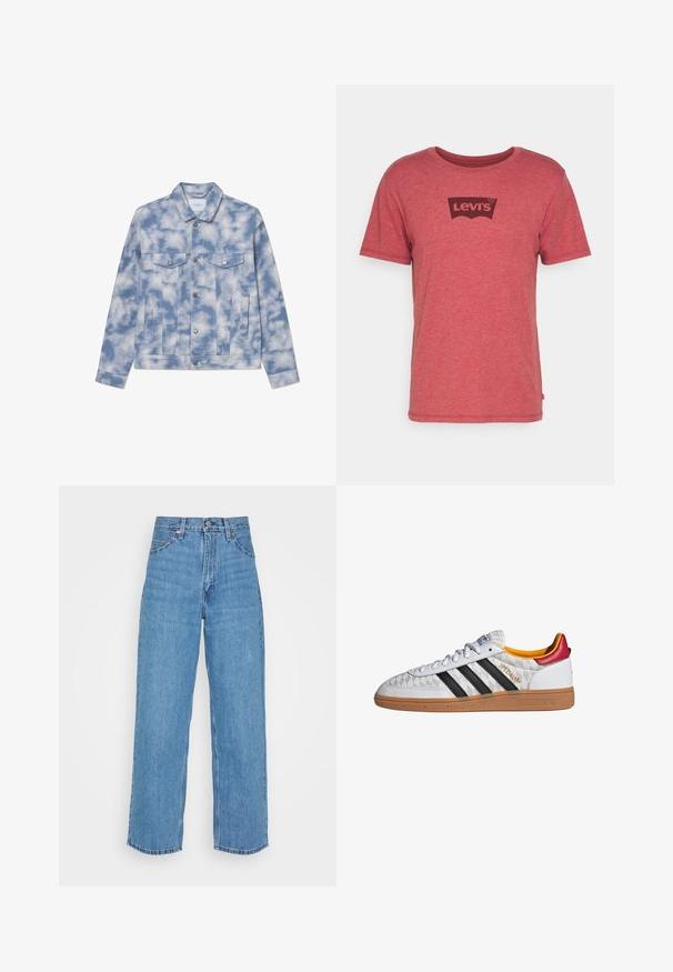 Lysblå cowboyjakke med skymønstre, der har spidse kraver, to brystlommer og hardware i sølvfarve til lukning og detaljer.; Rød bomulds-t-shirt med et sort Levi's-logo i en buet plym på brystet, korte ærmer og rund halsudskæring.; Lysblå denimjeans med høj talje og vid pasform. Funktioner inkluderer fem lommer, metalknaplukning og lige søm.; Hvid Adidas Spezial sneaker med sorte striber, gummisål, quiltet mønster, rød hælflap og gul inderfor, set fra siden.