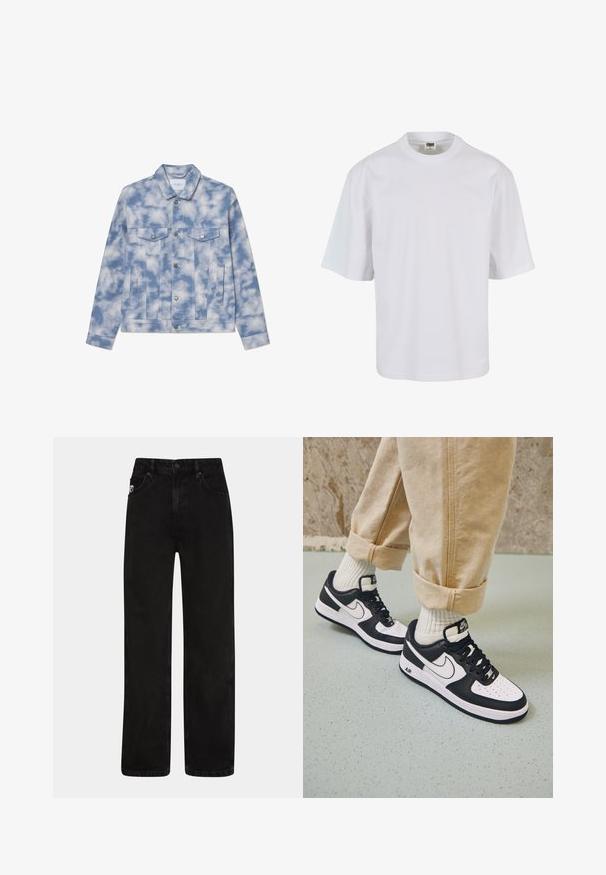 Leren jasje in lichtblauw met wolkenpatronen, met een puntige kraag, twee borstzakken en hardware in zilverkleur voor sluiting en accenten.; Witte, korte mouw t-shirt van katoen. Beschikt over een ronde hals en een losse pasvorm met een gladde textuur en geen zichtbare patronen of graphics.; Zwarte denim jeans met een rechte pijp, voorzien van voorzakken, een knoopsluiting en een subtiele logopatch op de tailleband.; Zwart-witte Nike Air Force 1 sneakers met een leren bovenwerk, geperforeerde neus en gestructureerde zooldetails, gedragen met opgerolde beige broek en witte sokken.