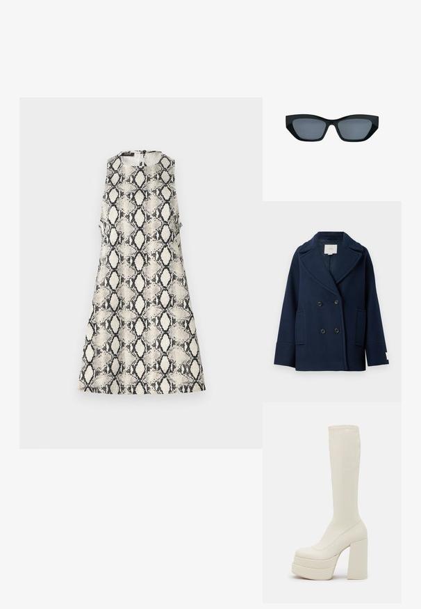 Manteau croisé bleu marine en mélange de laine, doté d'un revers à pointe, de grandes poches frontales et de boutons noirs. Texture lisse avec des accents minimaux.; Une robe sans manches avec un motif de serpent beige et noir, un col rond et une fermeture éclair dans le dos.; Steve Madden CYPRESS - Bottes à plateau - off white; Lunettes de soleil noires style œil de chat avec des montures épaisses et des verres teintés foncés, présentées sur fond blanc.