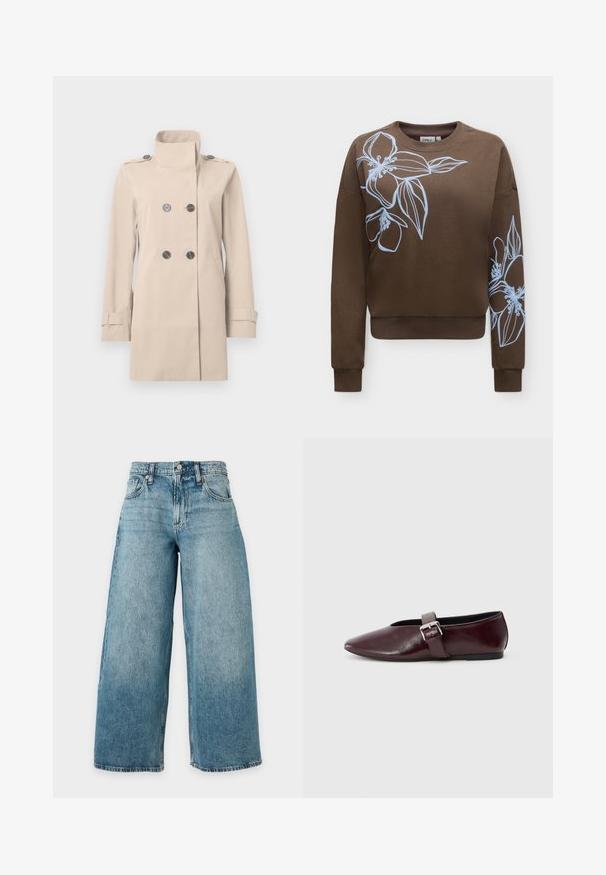 Beige dubbelgeknoopte trenchcoat met hoge kraag, geruite schouderbanden, zijzakken en verstelbare mouwboorden.; Bruine longsleeve trui met grote lichtblauwe bloemencontouren op de linkerborst en rechtermouw, geribde manchetten en zoom.; Lichtblauwe, high-waisted spijkerbroek met een wijde pijp, vijf zakken, riemlussen en een knoopgulp, getoond tegen een effen achtergrond.; Bordeaux leren balletschoenen met een puntige neus, een platte zool en een decoratieve gesp over de wreef. Glad, glanzend oppervlak.