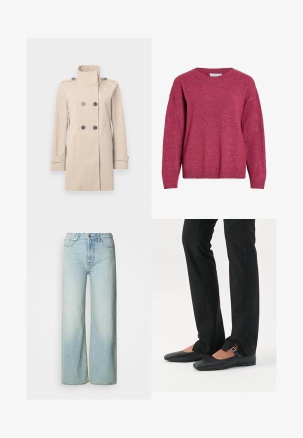 Beige dubbelgeknoopte trenchcoat met hoge kraag, geruite schouderbanden, zijzakken en verstelbare mouwboorden.; Trui met lange mouwen en ronde hals in gemêleerd donkerroze, geribbelde boorden en zoom, zachte gebreide stof, losse pasvorm.; Lichtblauwe denim jeans met wijde pijpen, een vervaagde was, vijfzakkenontwerp en metalen knoopsluiting in de taille. Schone, recht gesneden vorm.; Benen met zwarte smalle broek met voorsplitten aan de zoom, gecombineerd met zwarte platte Mary Jane-schoenen met een klein gespje.
