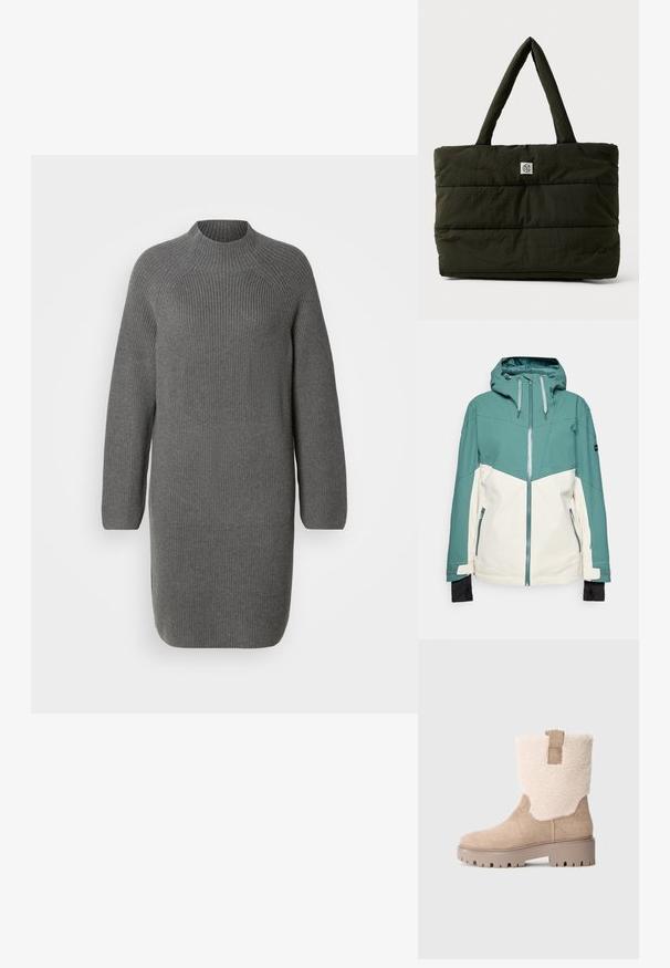 Veste de ski teal et crème avec fermeture éclair à l'avant, capuche ajustable, poches zippées et poignets élastiques. Texture lisse, tissu durable.; Robe en tricot grise avec un col haut et des manches longues, présentant une texture côtelée et une coupe droite légèrement ample. Pas de motifs ni d'accents visibles.; Botte en suède beige mi-haute avec semelle en caoutchouc épaisse, bord en fourrure shearling et languette d'enfilage sur fond gris neutre.; Sac fourre-tout rembourré vert foncé avec de larges anses et un petit patch logo carré blanc centré près du bord supérieur.