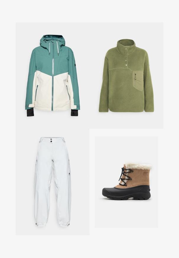 Chaqueta de esquí en tonos verde azulado y crema con cierre de cremallera al frente, capucha ajustable, bolsillos con cremallera y puños elásticos. Textura suave, tela duradera.; Sudadera de forro polar verde oliva con un cuello alto, tres botones y un bolsillo en el pecho con cremallera. Textura suave con detalles de costura en contraste.; Pantalones de esquí blancos, holgados y confeccionados en material impermeable, que cuentan con dos bolsillos laterales con cremallera, cierre de botón y puños elásticos.; Bota de invierno de ante marrón con forro de piel sintética, suela de goma negra y diseño con cordones. Lleva el logo de la marca en el lateral.