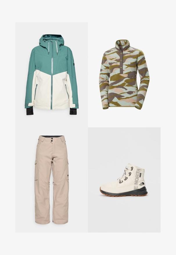 Chaqueta de esquí en tonos verde azulado y crema con cierre de cremallera al frente, capucha ajustable, bolsillos con cremallera y puños elásticos. Textura suave, tela duradera.; Suéter de forro polar con un cuello alto, que presenta un patrón de camuflaje en tonos azul pastel, verde y rosa. Incluye un bolsillo con solapa y botones a presión.; Pantalones cargo beige de corte relajado, fabricados en un tejido resistente al agua. Presentan dos bolsillos laterales, un zipper en el dobladillo y cierre de botón.; Bota aislante blanca con suela de goma negra, cordones blancos y la marca "The North Face". Presenta un cuello acolchado y un tejido texturizado.